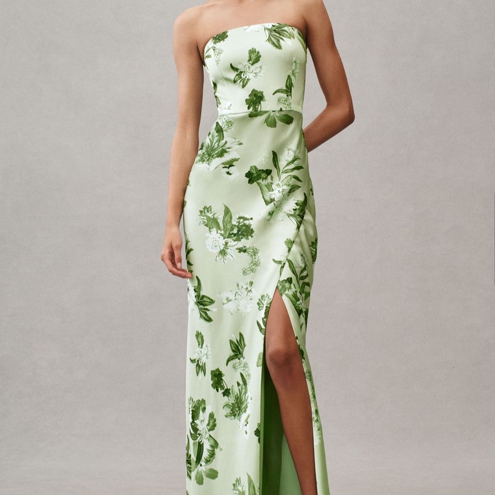 BHLDN Green Floral Strapless Dress